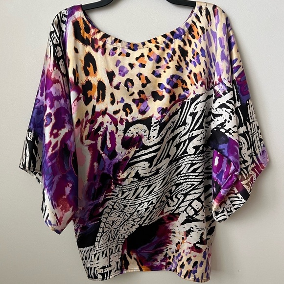 Cache' Vintage Abstract Animal Print Silk Top Dolman Sleeve Purple Artsy 90s S - Picture 5 of 7